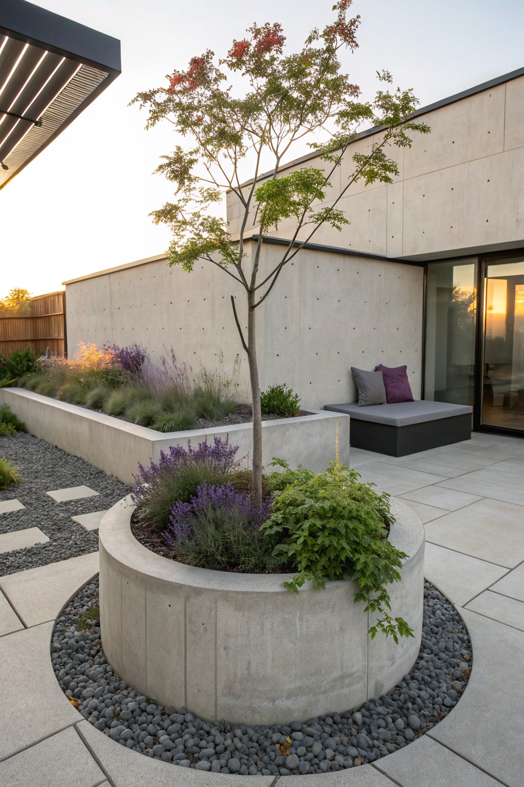 Circular concrete planter on a stone paver patio holding a young tree with lavender, ornamental grasses, and vining plants around its base, next to a concrete house wall, raised planting beds, and a low bench with cushions.