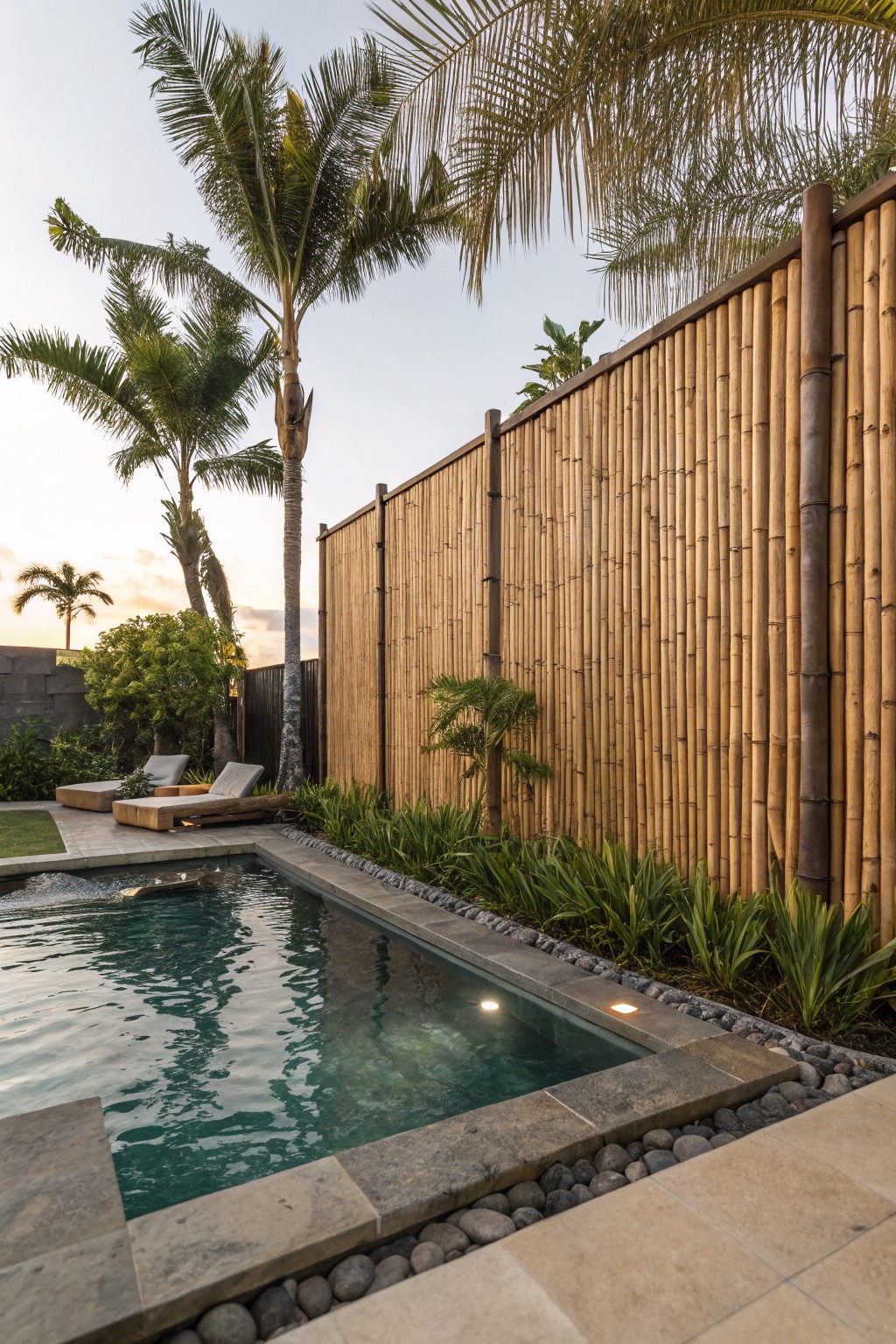 Small rectangular pool edged in dark stone and pebbles, with tall vertical bamboo fencing along one side, palm trees, loungers, and green plants in a tropical backyard at dusk.