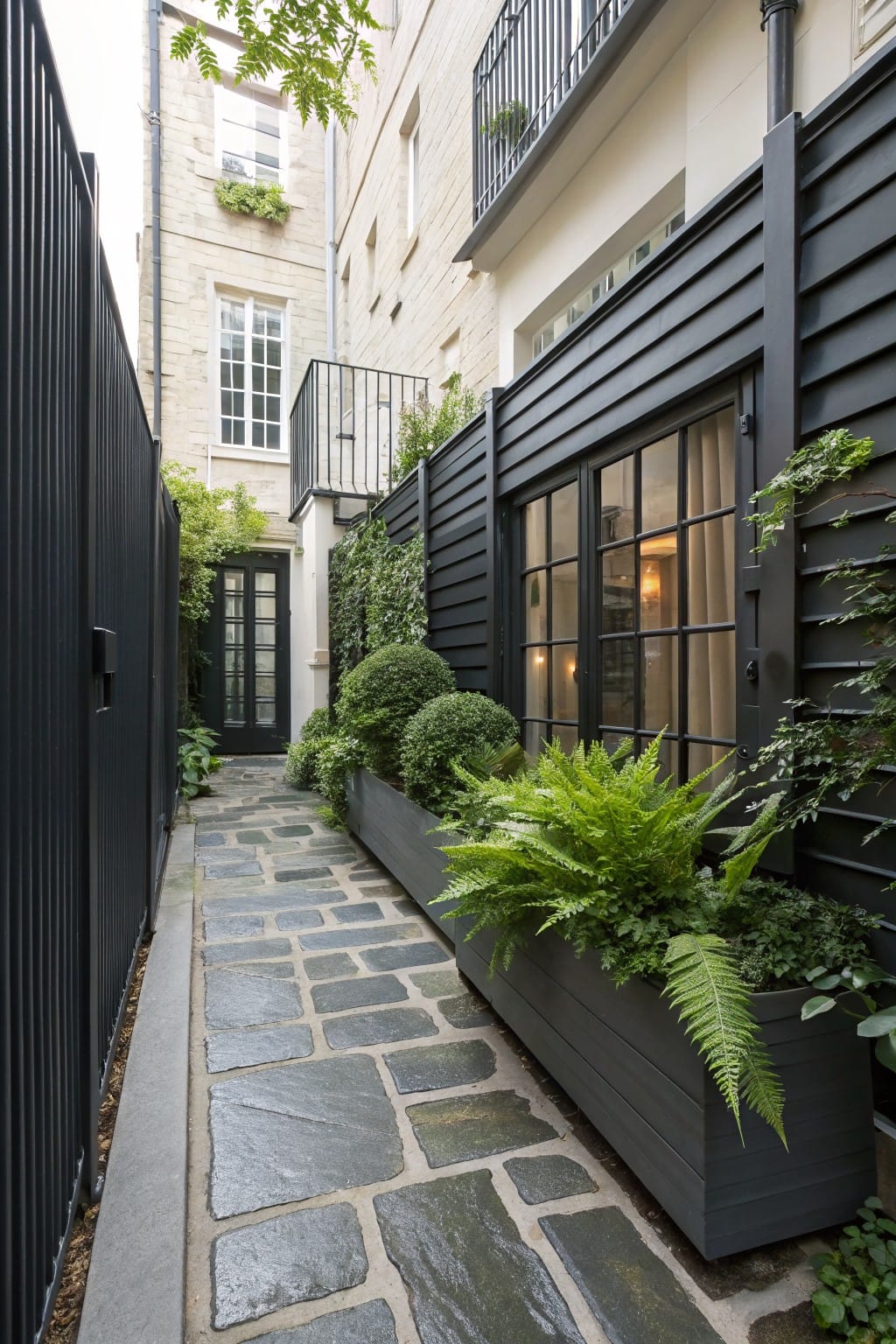 Narrow stone-paved garden pathway enclosed by tall black metal fencing on one side and a black-clad wall with large windows and a wooden planter of ferns on the other, with greenery and shrubs along the edges.