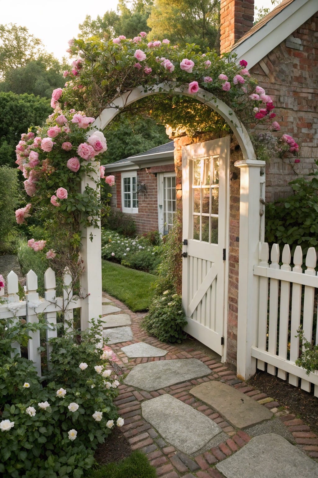 White arched trellis covered in pink climbing roses frames a glass-paneled white garden gate on a brick house wall, with white picket fence, stone pathway, and green plantings nearby.