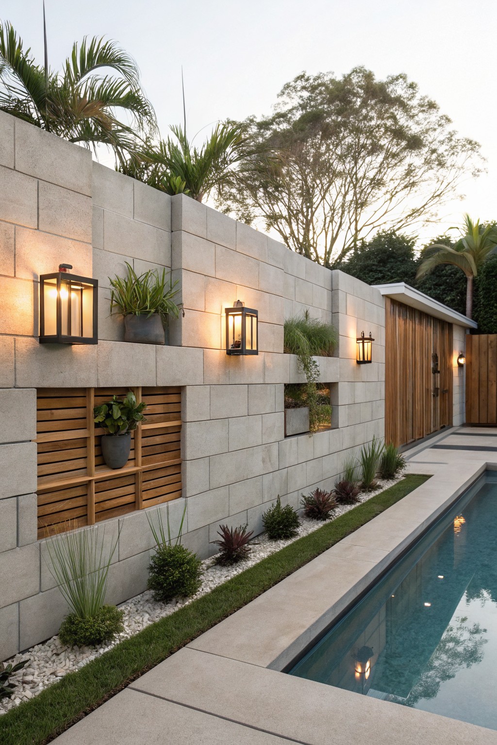 Gray concrete block wall featuring integrated planters with greenery, wall-mounted lanterns, wooden slat inserts, and base landscaping next to a rectangular pool.