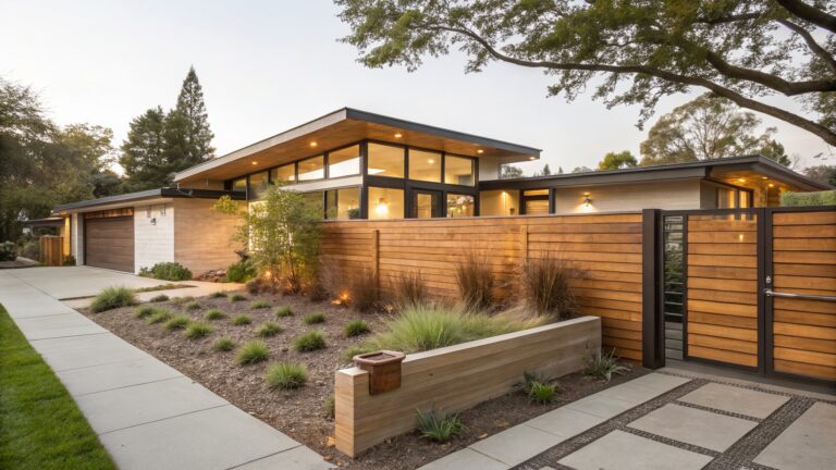 Wooden fence with vertical cedar panels and horizontal slat gates beside a concrete sidewalk edged by concrete planters filled with grasses and agave plants leading to a modern house exterior.
