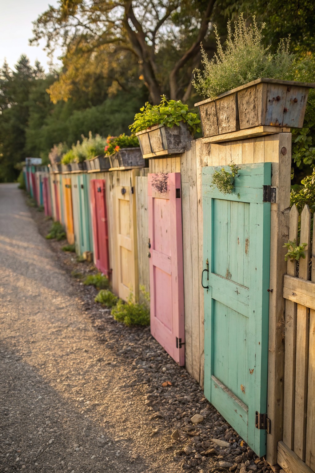 A gravel path bordered by a fence made of small colorful painted wooden doors in shades of pink, teal, orange, and green, topped with wooden planters holding herbs and flowers, set in a garden with trees and greenery.