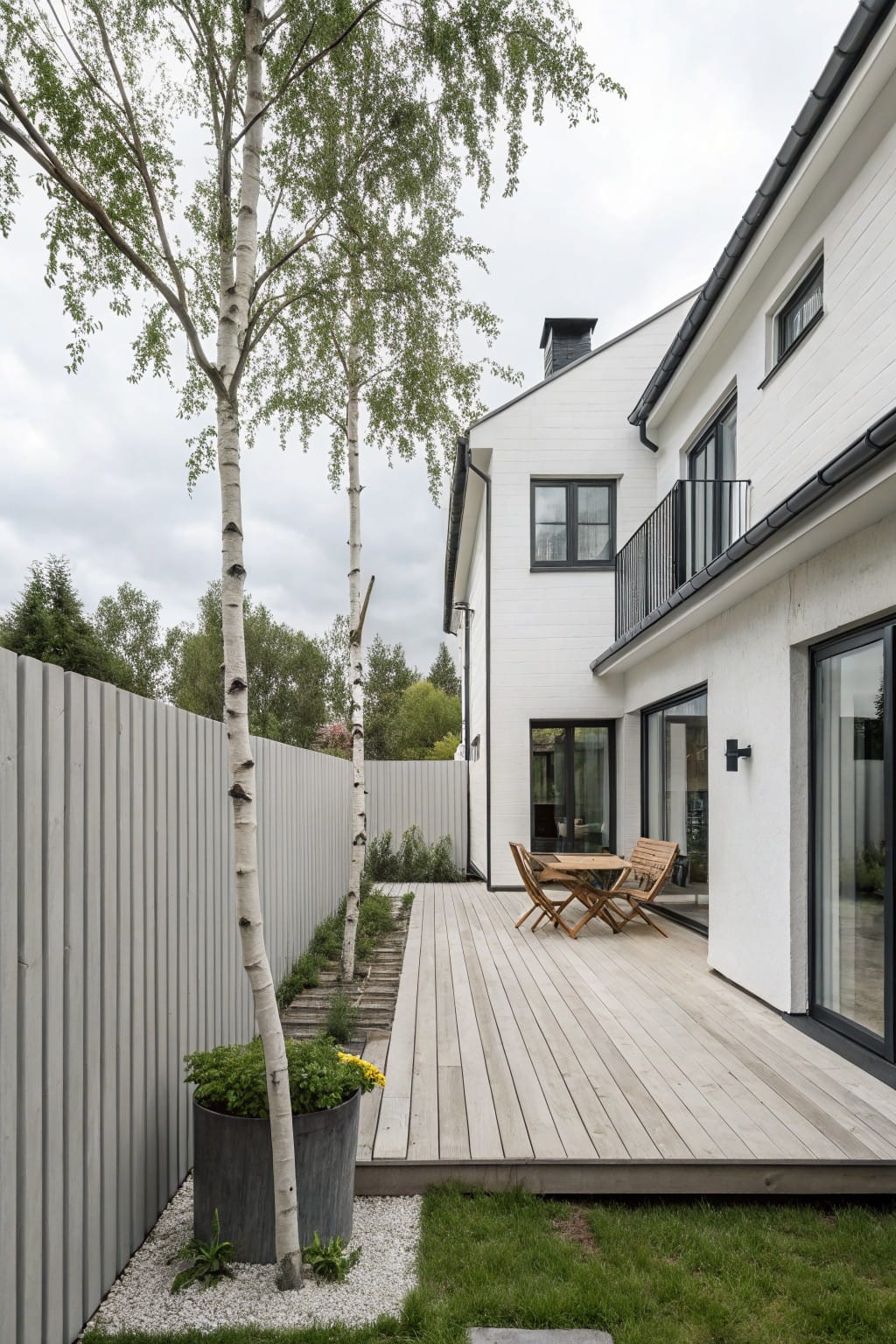 Gray vertical slat fence along a backyard with tall birch trees next to it, a white modern house with black trim and wooden deck nearby, outdoor chairs and table on the deck, and a birch tree in a large black pot at the fence base.