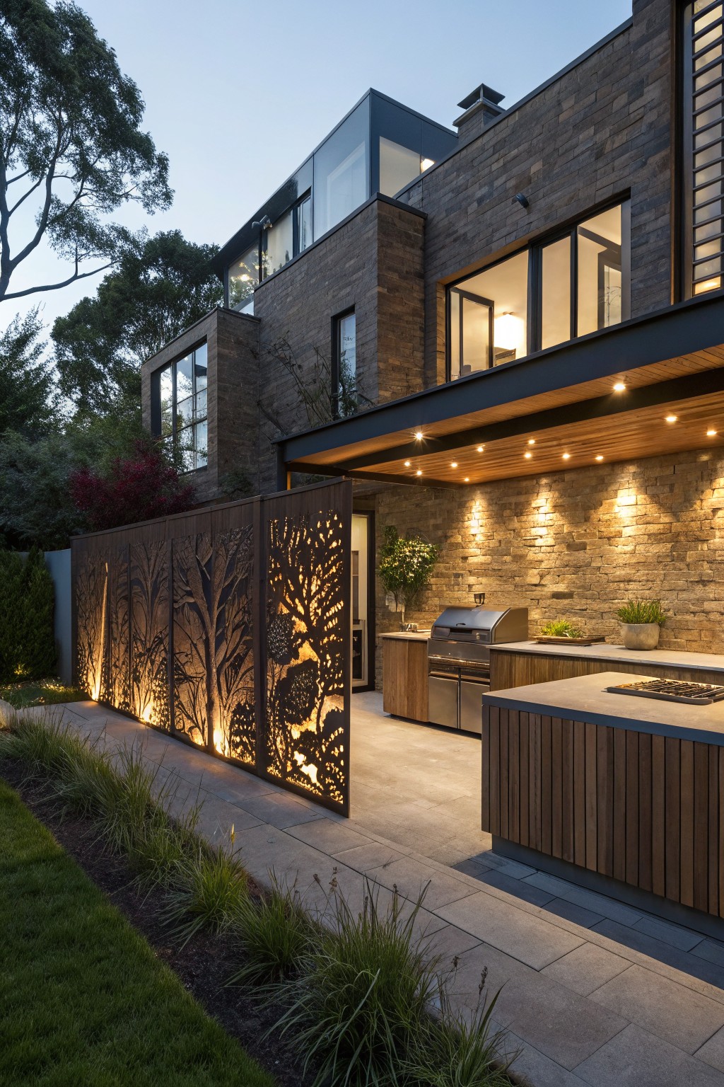 Backyard patio area featuring brick walls, wooden outdoor kitchen with grill, concrete pathway, and tall wooden fence panels with laser-cut tree motifs illuminated from behind.