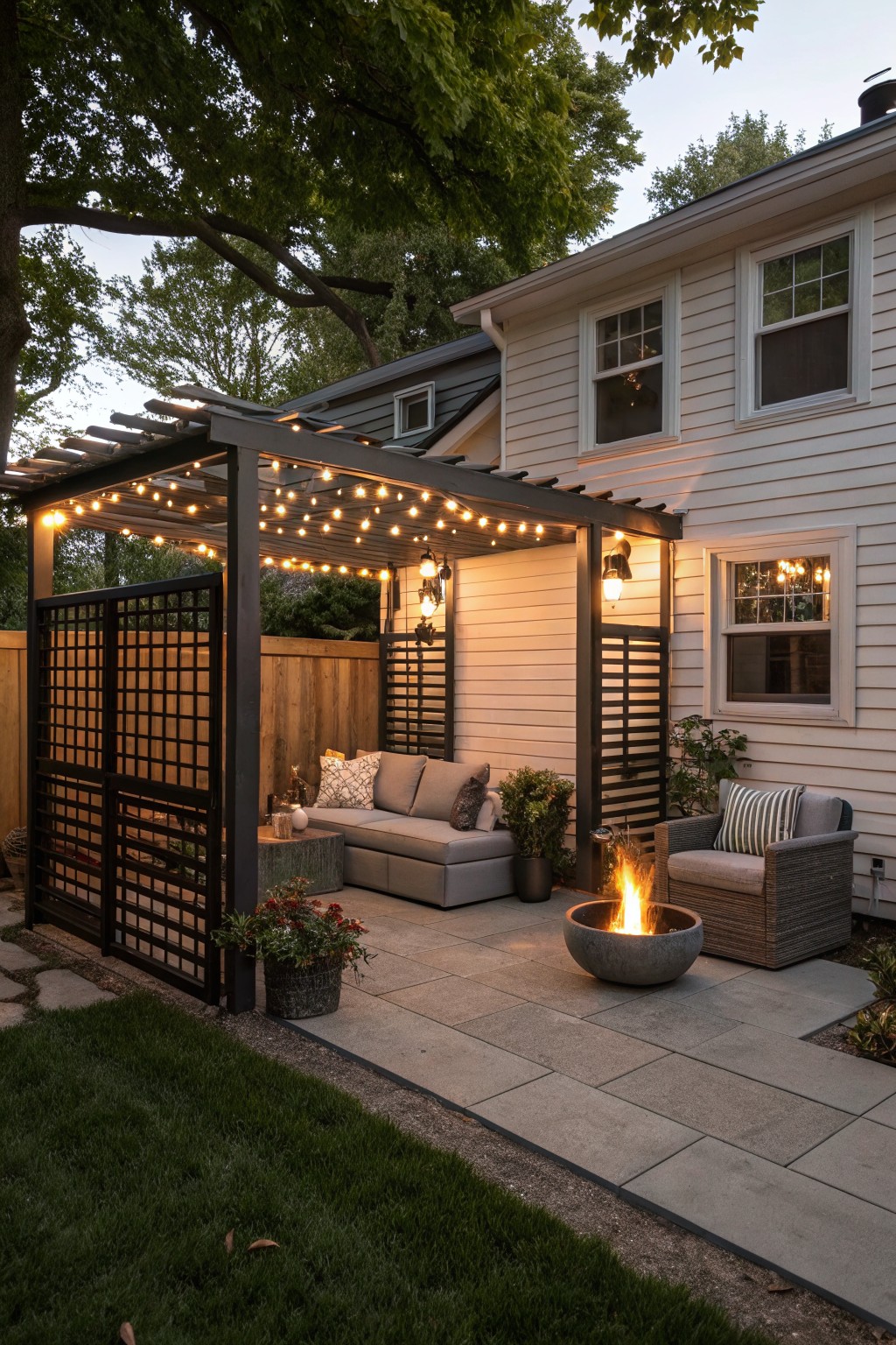 Backyard patio under a black pergola strung with lights, featuring lattice side screens, gray sofa and chair, concrete fire pit, potted plants, and stone pavers next to a white house with windows lit at dusk.