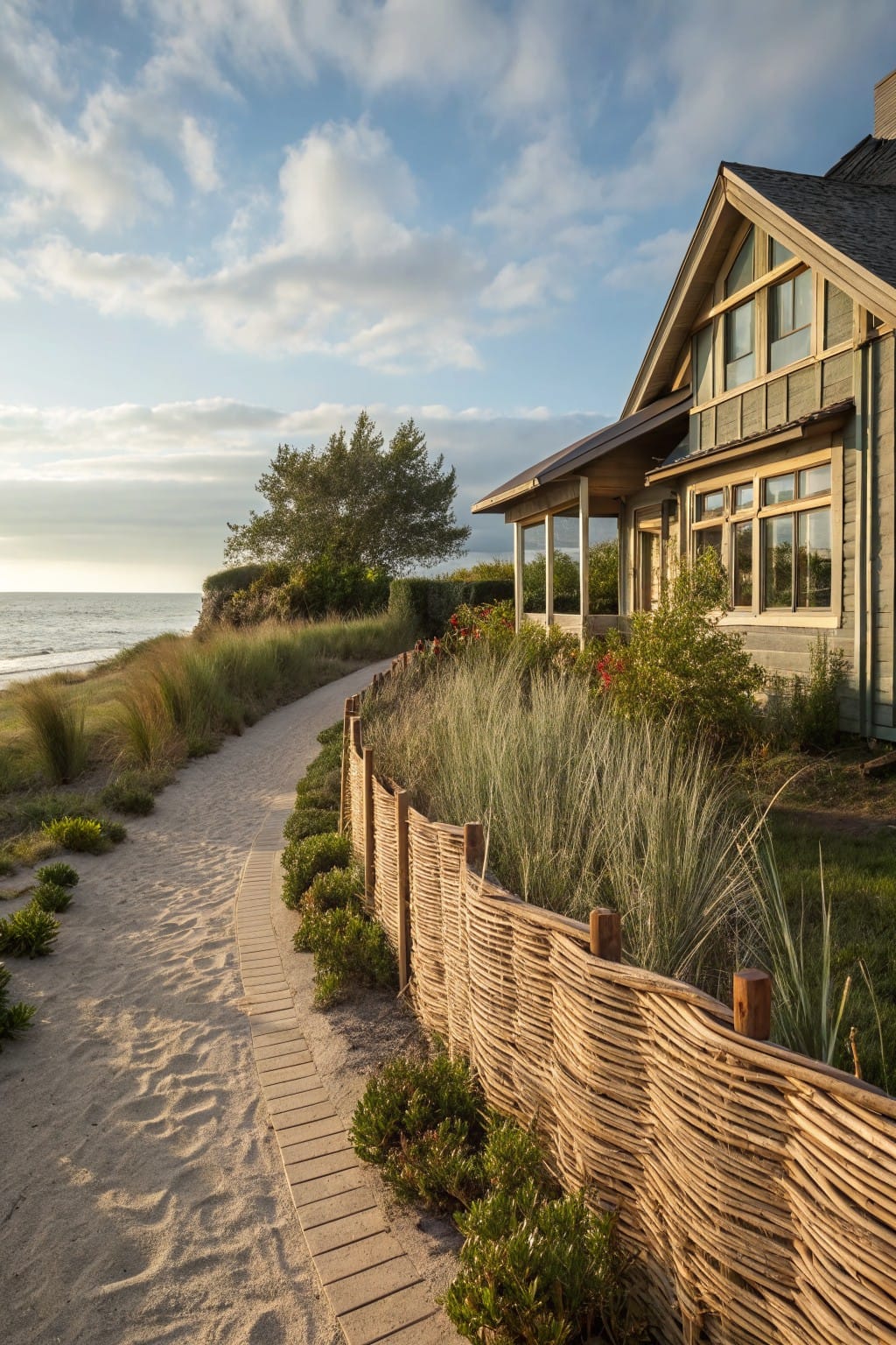 Beachfront house with a sandy brick-edged path bordered by woven wooden fence, dune grasses, shrubs, and ocean view.