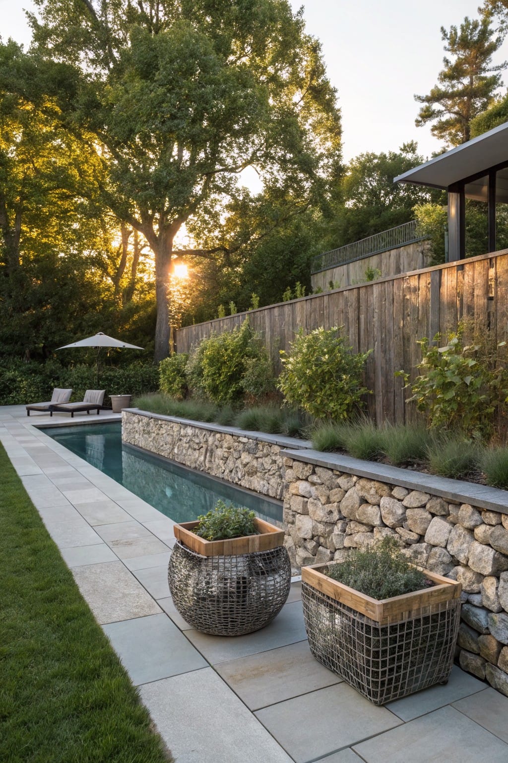Narrow lap pool beside a tall weathered wooden privacy fence with shrubs in front, stone retaining wall, potted plants and lounge chairs on a paved deck, grass lawn, and trees in a backyard at sunset.