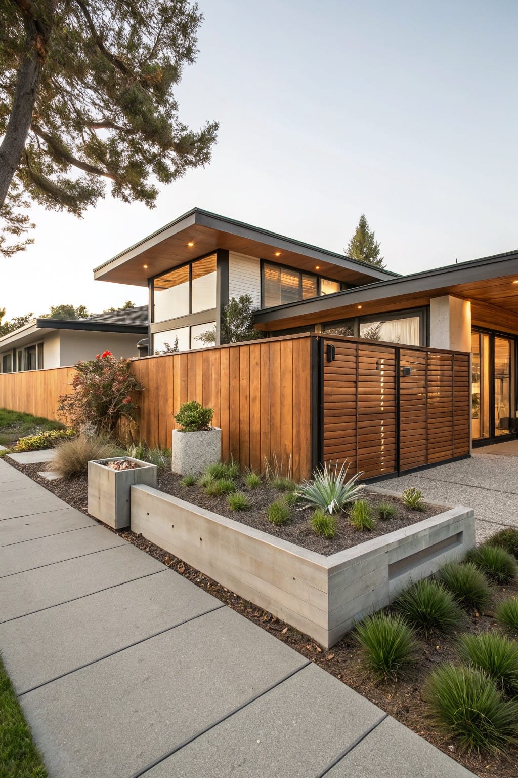Wooden fence with vertical cedar panels and horizontal slat gates beside a concrete sidewalk edged by concrete planters filled with grasses and agave plants leading to a modern house exterior.