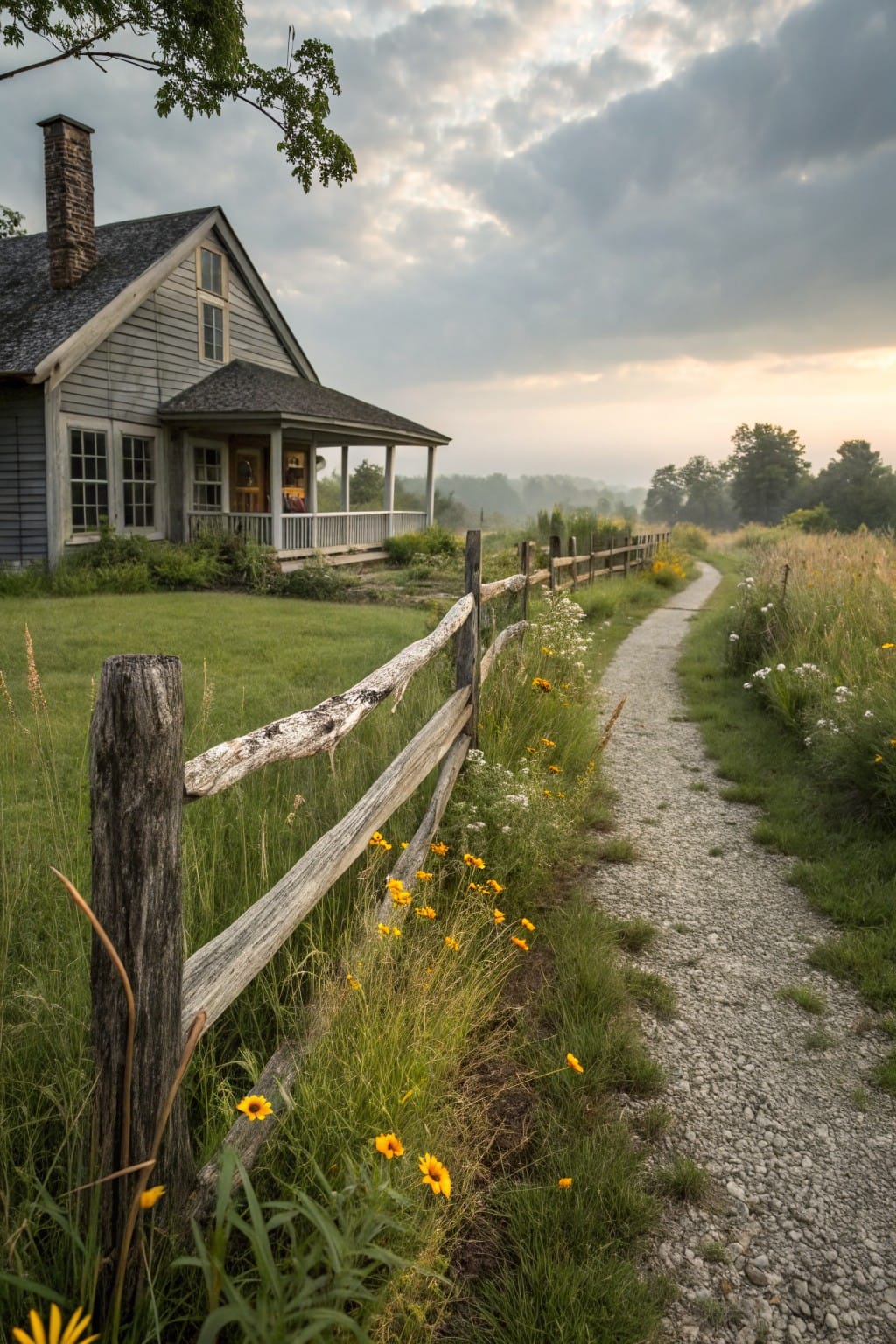 Weathered gray split-rail wooden fence with yellow wildflowers and tall grass along a gravel path leading past a clapboard house with porch toward distant trees and fields under cloudy skies.