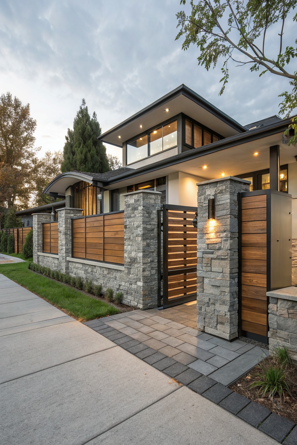 Front view of a modern house with a gray stone pillar fence featuring horizontal wood slats and a black metal gate, bordered by grass and shrubs along a sidewalk.
