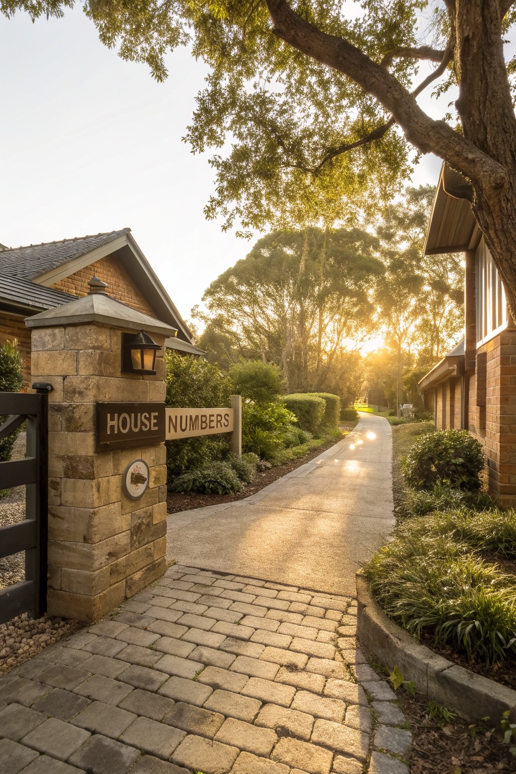 Stone pillar supporting a black metal gate with a wooden 