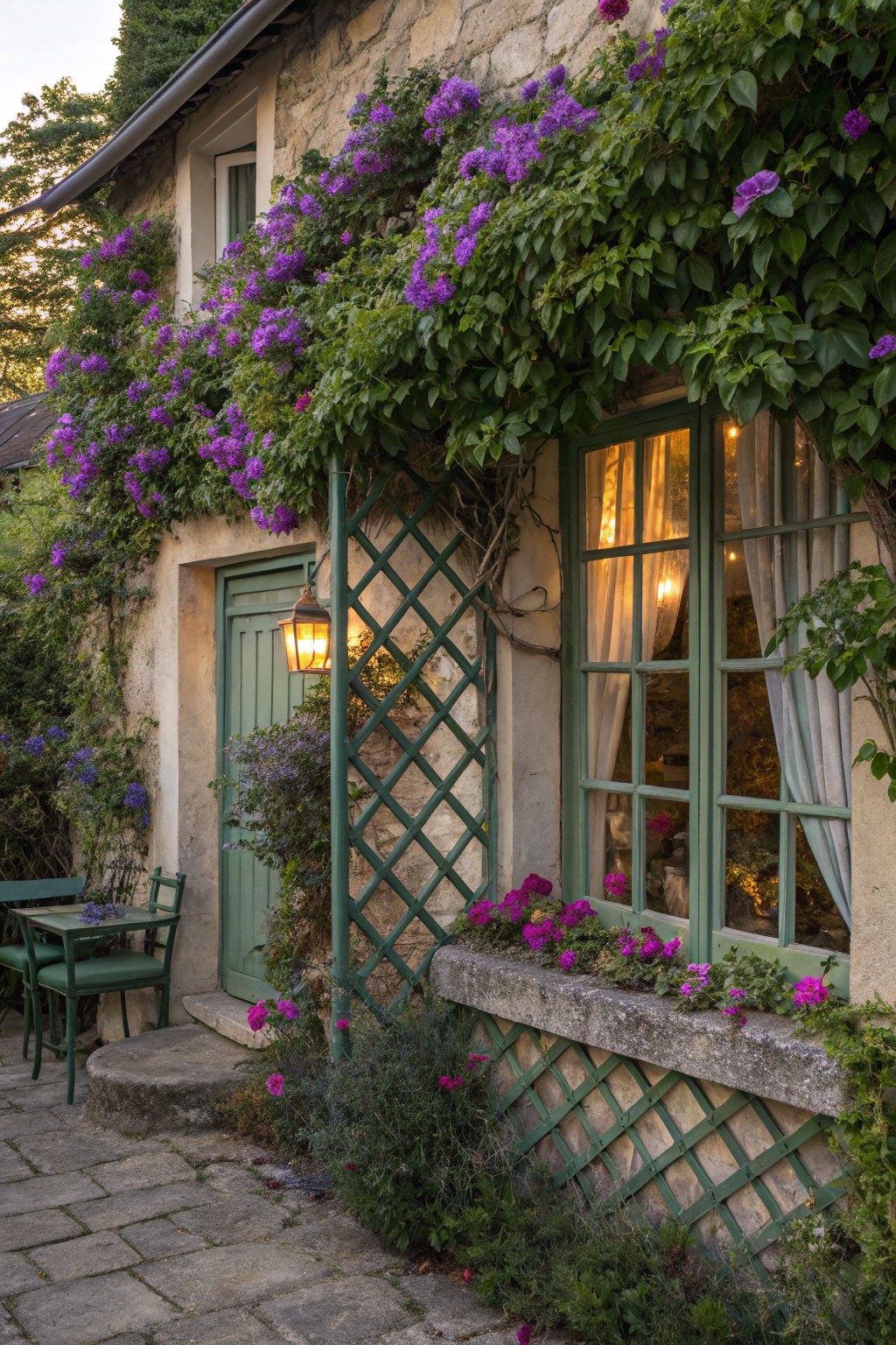 Stone house exterior with green lattice trellis overgrown with purple climbing flowers next to a green door and window boxes, lantern light, small table and chairs on stone path.