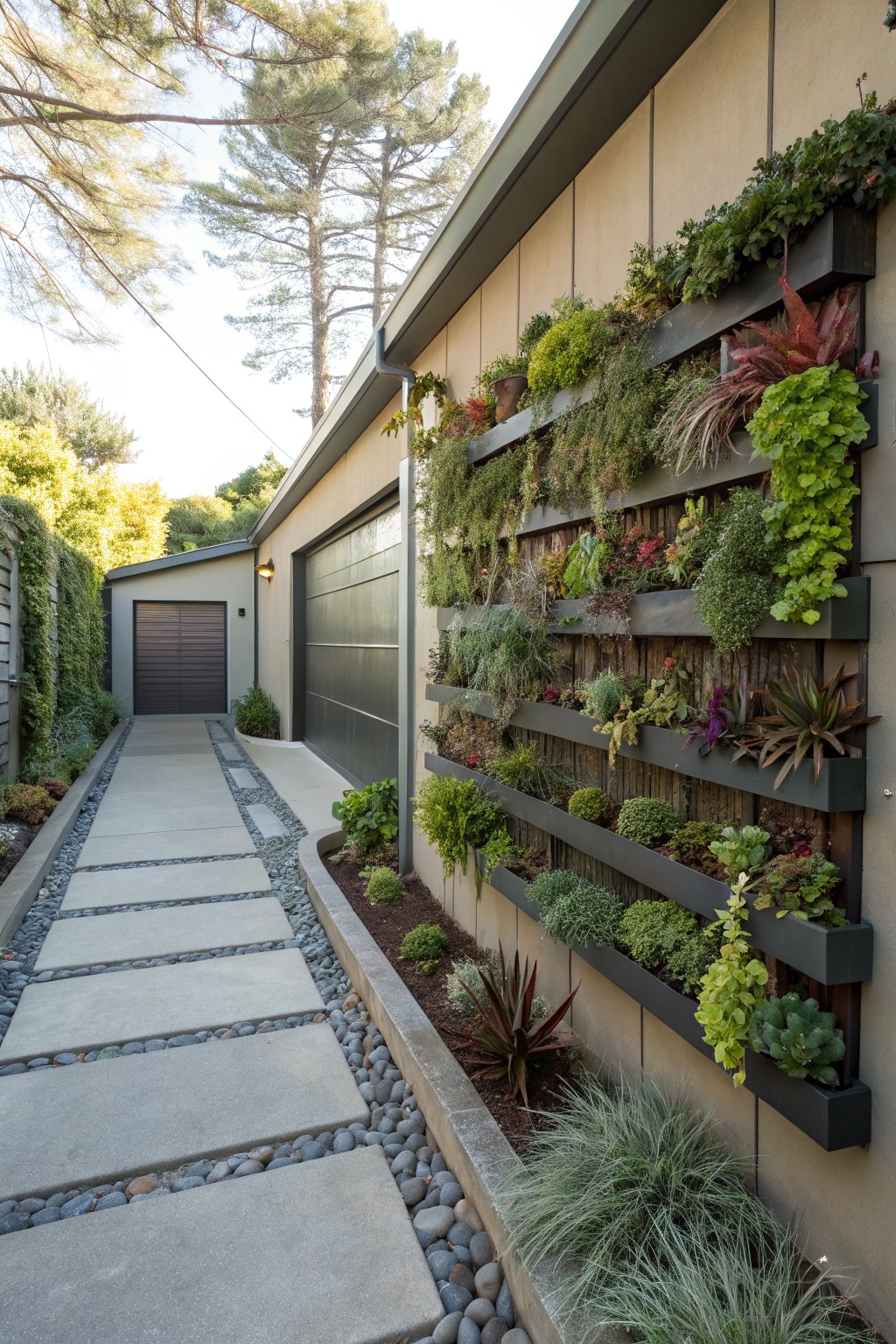 Modern garage exterior with dark wood door, concrete pathway edged in pebbles and low plants, and a vertical wall garden of black rectangular metal planters filled with assorted succulents, herbs, and greenery.