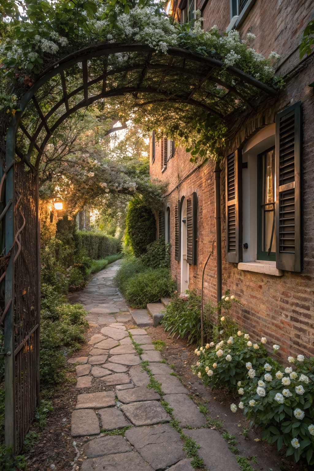 Wrought-iron arched arbor gate covered in white flowering vines over a narrow irregular stone pathway beside a brick house wall with dark green shutters and potted plants.