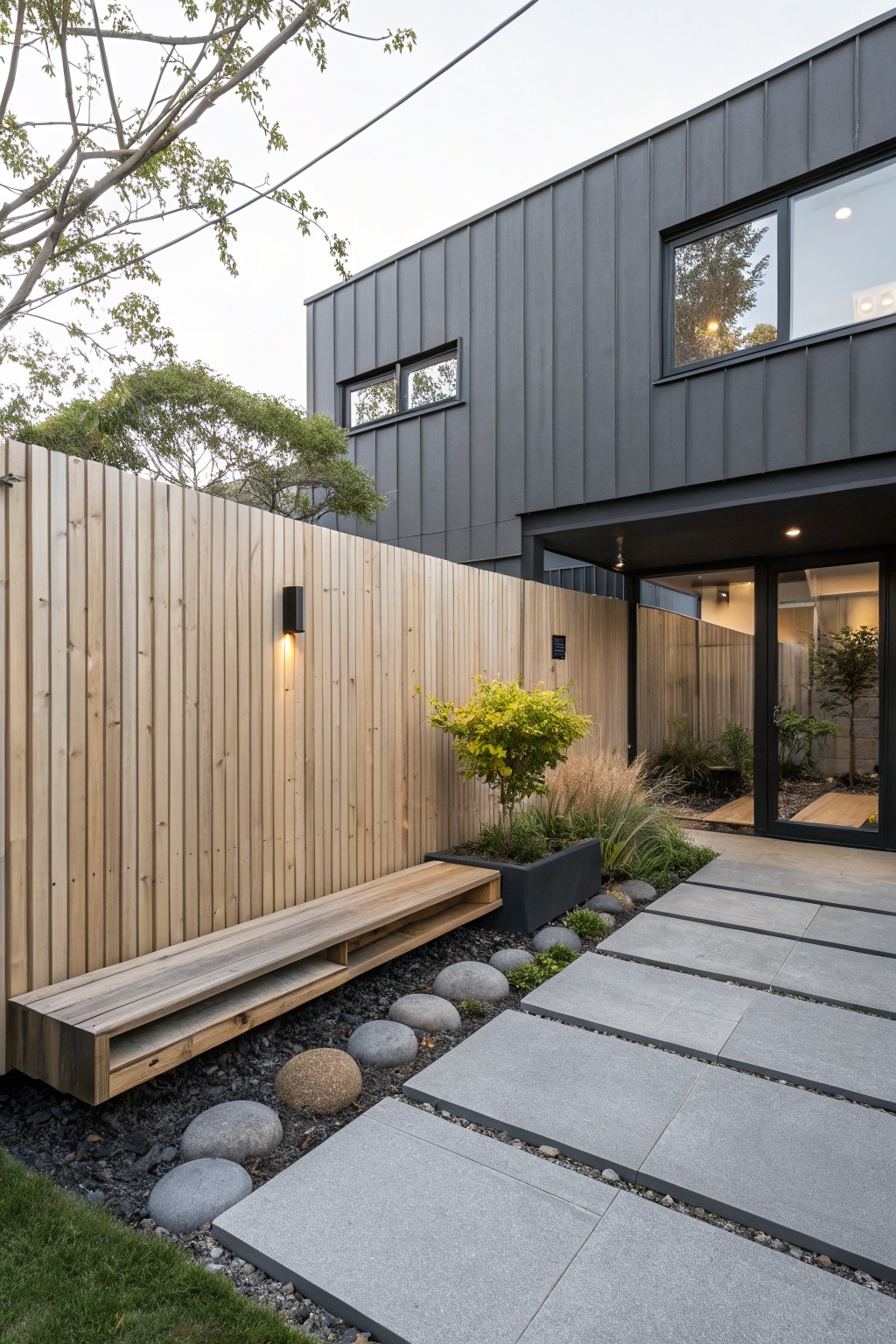 Light wooden vertical slat fence with a built-in wooden bench along it, gray stone paver path with black gravel and round boulders, plants, and entry to a dark gray modern house.