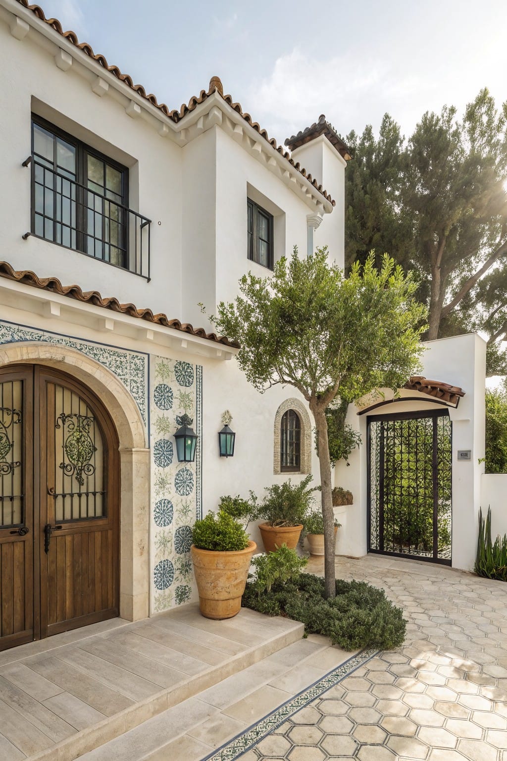 White stucco Mediterranean-style house exterior featuring arched wooden double doors with iron grilles and tile accents, lantern lights, potted plants, an olive tree, a black wrought iron gate, and a hexagonal tiled pathway.