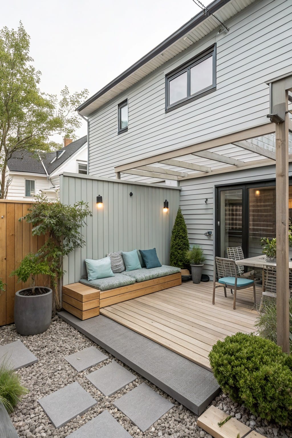 Gray clapboard house back with wooden deck, built-in blue-cushioned bench along wall under glass-roofed cover, small table with chairs, potted plants, gravel path, and wooden fence.