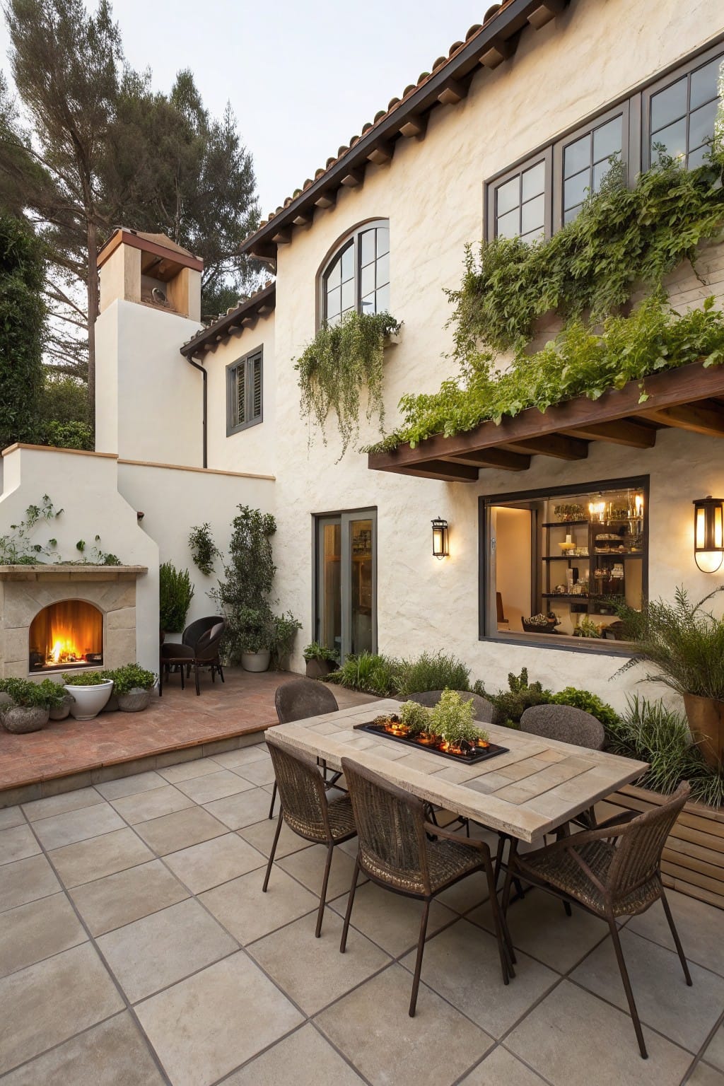 White stucco house exterior with backyard patio, built-in outdoor fireplace, long wooden dining table centered with fire pit, wicker chairs, potted plants, climbing vines, and large tile floor.