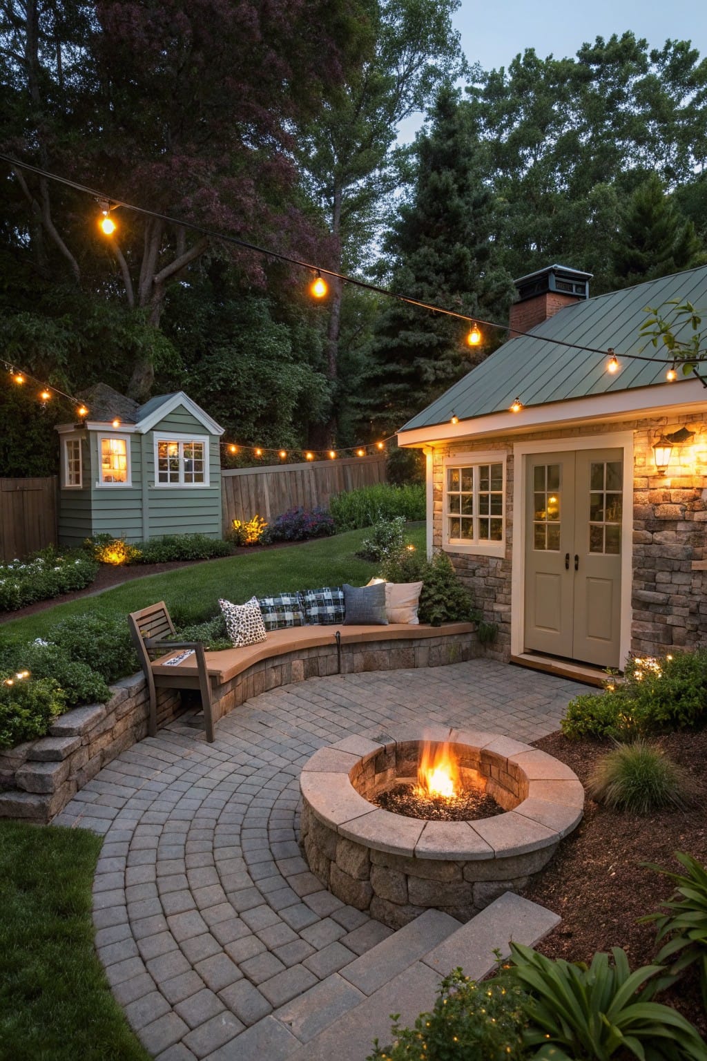 Small backyard patio with curved brick pavers surrounding a stone fire pit, built-in benches on curved stone walls, string lights overhead, and a green-roofed stone shed nearby amid garden plantings.