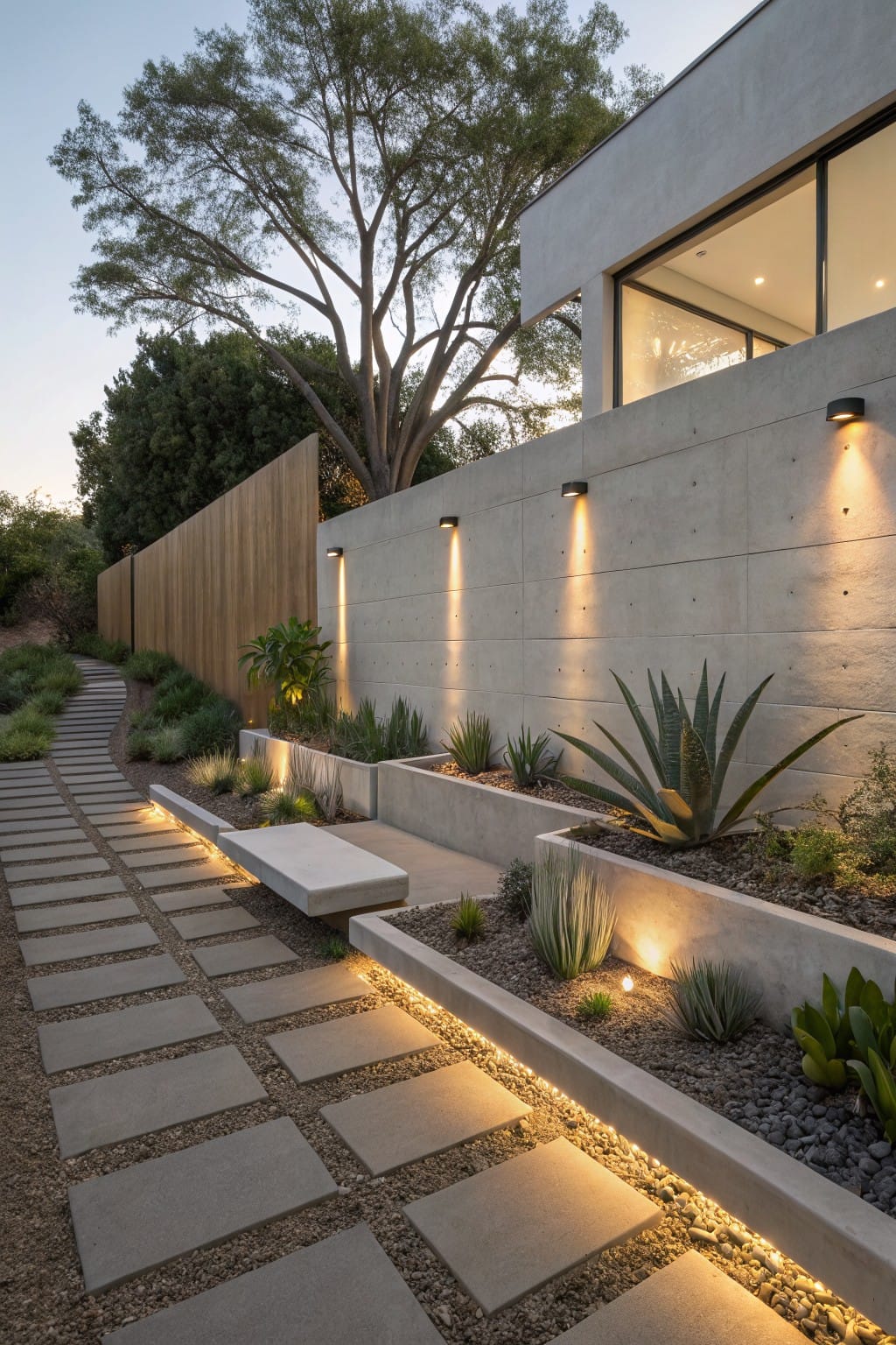 Concrete paver pathway with recessed LED lighting along the raised edges, bordered by concrete planters containing succulents and agaves, next to a concrete retaining wall and house facade at dusk.