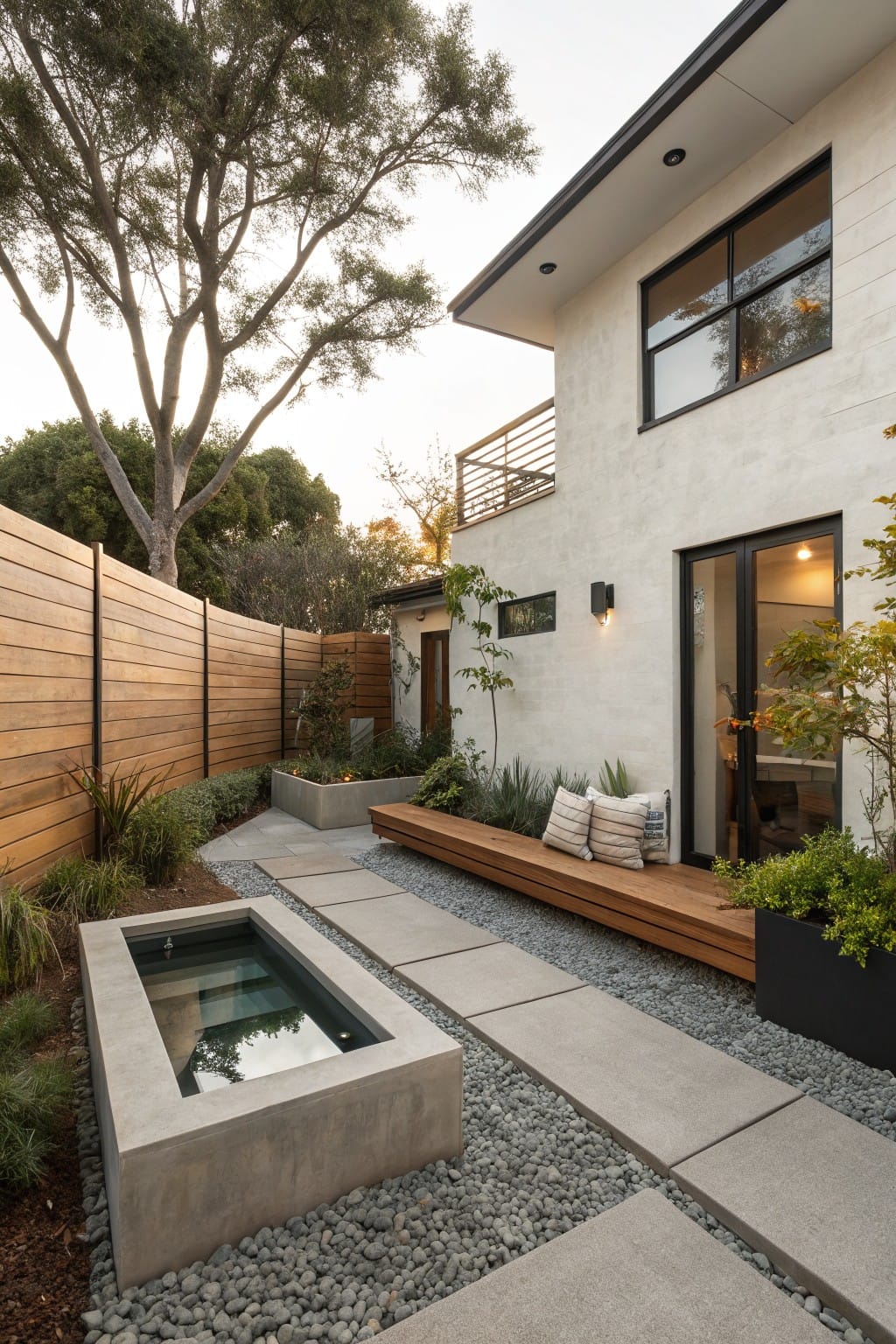 Modern stucco house exterior with a narrow rectangular concrete water feature beside a paver path, wooden bench with cushions, potted plants, and wooden fence in a backyard setting.
