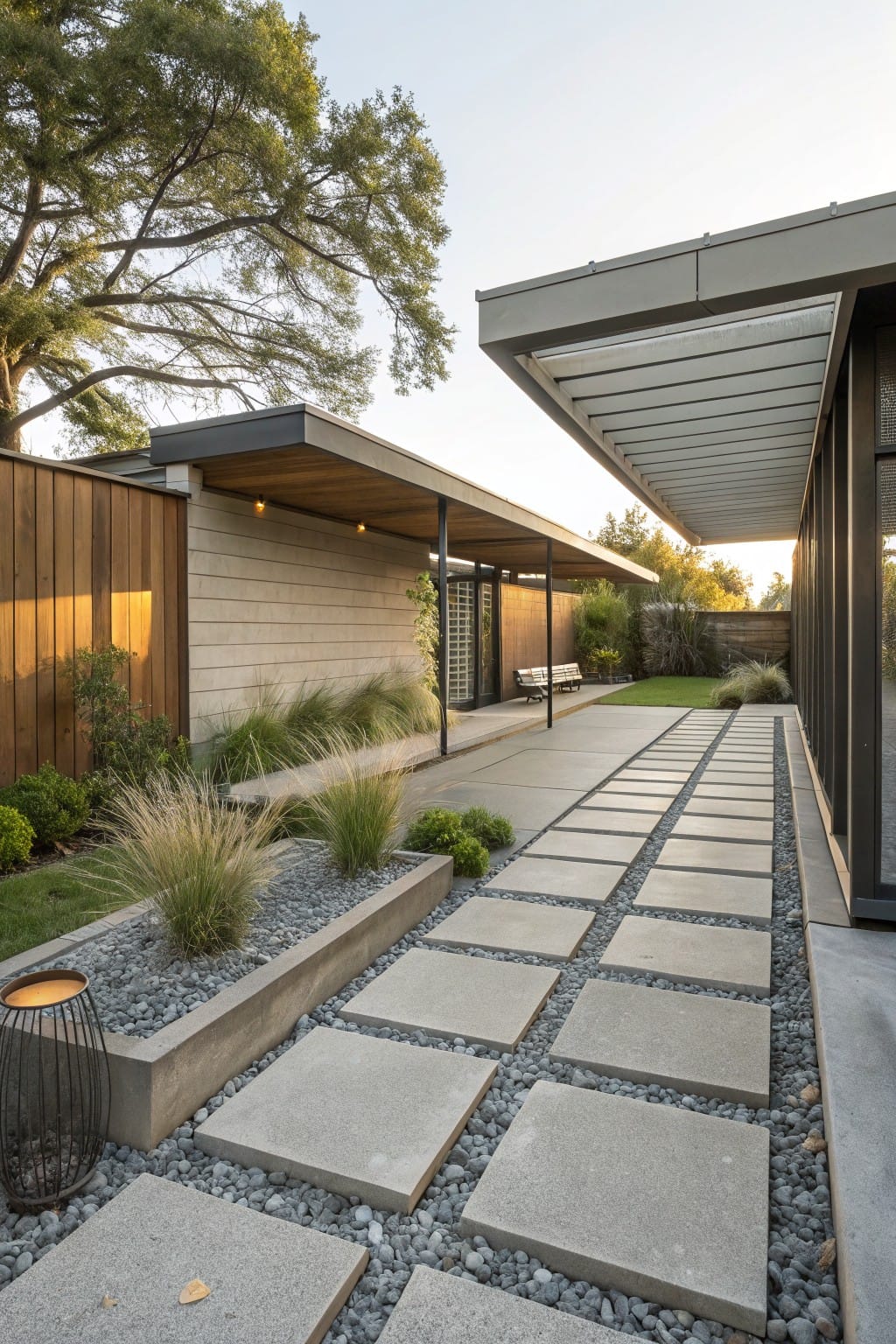 Backyard pathway of large gray concrete pavers set into light gravel, bordered by ornamental grasses and plants, leading to a modern house with wood siding, stone walls, and a covered walkway.