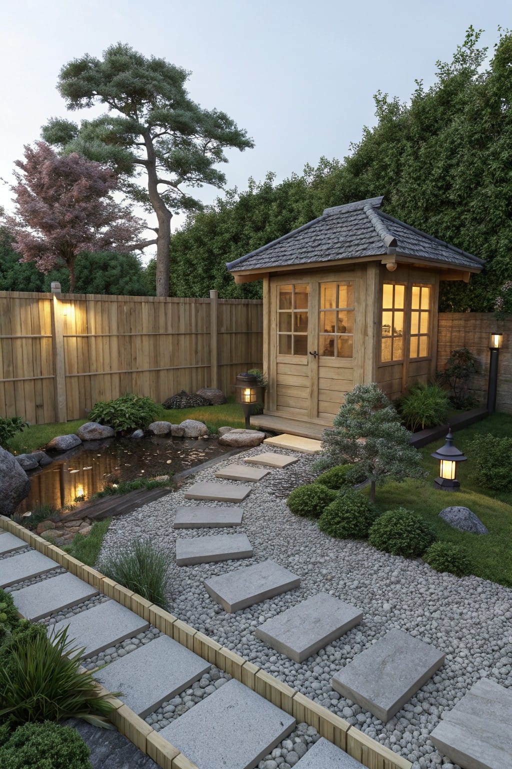Small wooden pavilion with shingled roof in a backyard zen garden with stepping stone path, pond, lanterns, rocks, gravel, and trees.