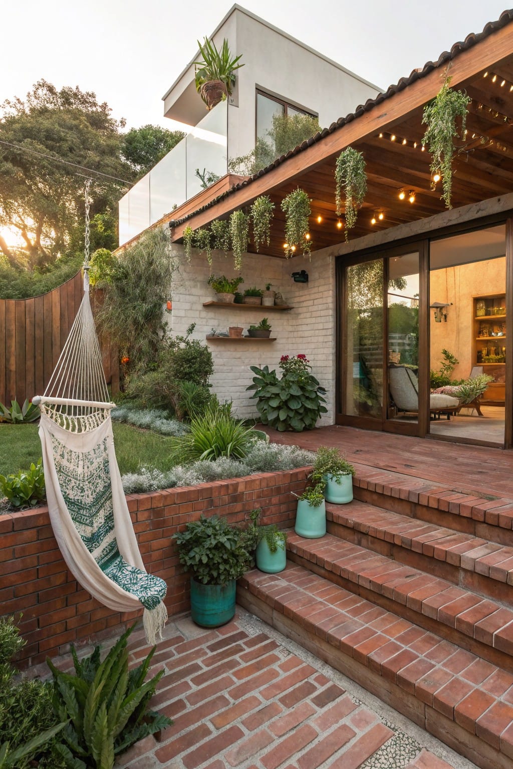 Modern backyard exterior with white brick wall featuring plant shelves, wooden pergola with hanging greenery and string lights above brick steps to glass sliding doors, colorful hammock in garden bed, and assorted potted plants.