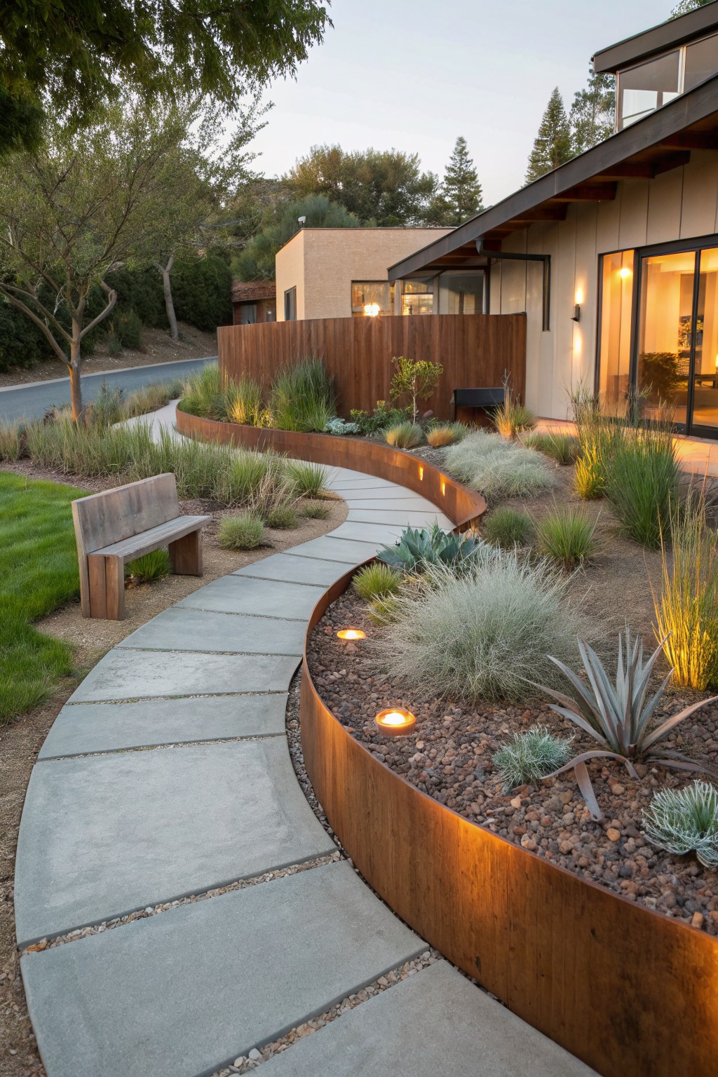 Winding concrete path bordered by curved corten steel-edged raised beds filled with succulents, grasses, and gravel, with a wooden bench on adjacent grass and a modern house visible in the background at dusk.