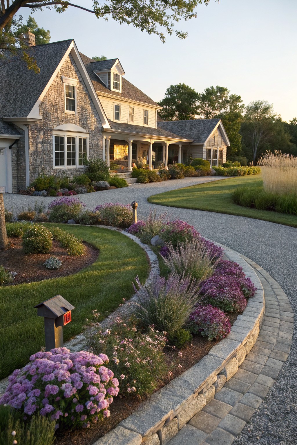 Shingle-style house beside a curved gravel driveway edged by kidney-shaped flower beds with lavender, asters, grasses, and stone borders.