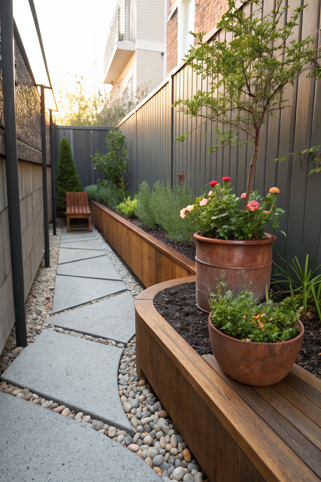 Narrow outdoor path of irregular concrete pavers and pebbles lined by curved wooden raised flower beds with herbs, flowers, and terracotta pots, plus a wooden bench against a fence.