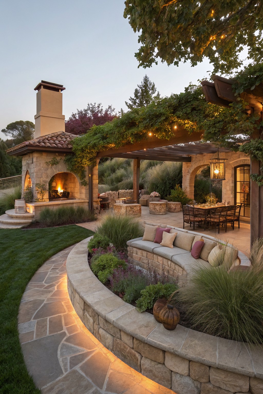 Curved stone retaining wall topped with plants and grasses, doubling as a bench beside a winding flagstone path through green lawn, near an outdoor patio with pergola, fireplace, and seating.