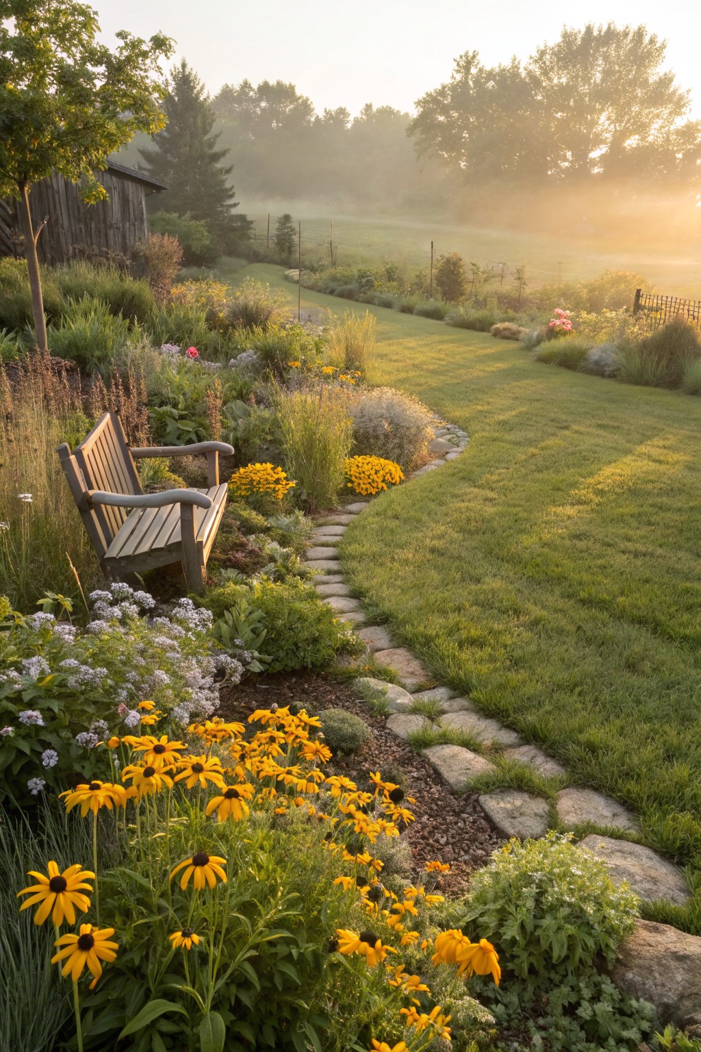 A curving stone path winds through a lawn edged by kidney-shaped flower beds filled with yellow black-eyed Susans, white flowers, ornamental grasses, and a wooden bench near a rustic barn and trees in morning mist.