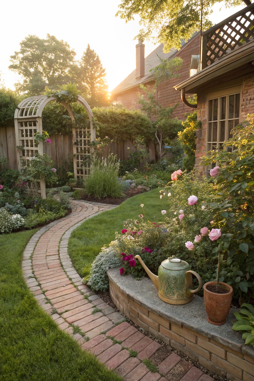Winding brick path curves through lush kidney-shaped flower beds with roses on wooden trellises, perennials, a green watering can and terracotta pot on a stone wall, beside a brick house in evening light.