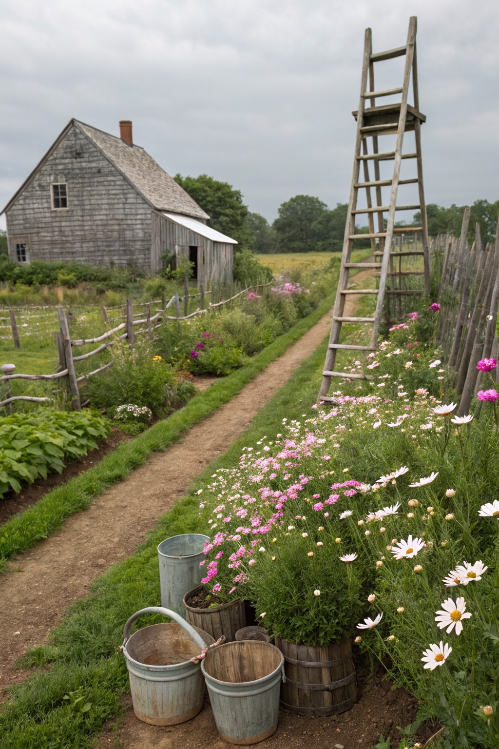 Rustic wooden house in background with gray sky, tall wooden ladder, dirt path lined by curvy flower beds of pink cosmos, white daisies, and potted plants in metal and wooden buckets.