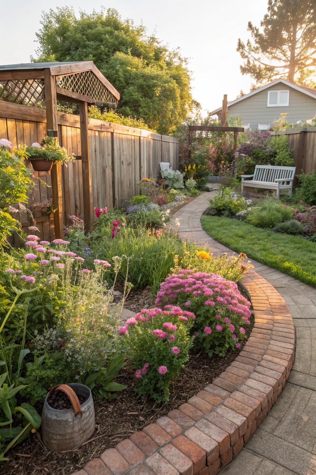 Winding brick path curves through lush garden with kidney-shaped flower beds of pink flowers, green plants, and brick edging, wooden fence, arbor, bench, and house in background.