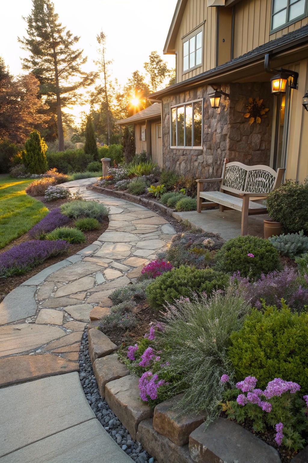 A curved flagstone path winds through kidney-shaped flower beds planted with lavender, succulents, and shrubs, leading to a house porch with a wooden bench and stone walls edged in gravel.