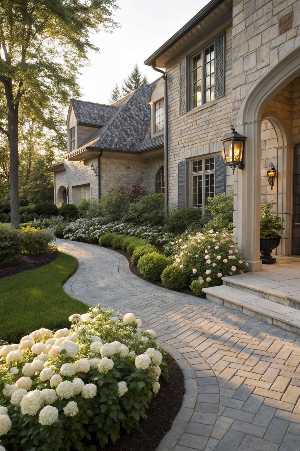 Winding gray brick pathway bordered by kidney-shaped flower beds with white hydrangeas, boxwood shrubs, and other plants leading to the arched entry of a beige limestone house.