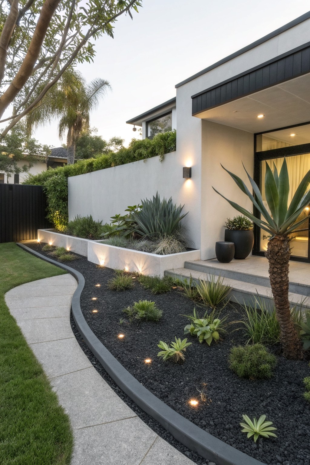 Curving gray stone pathway edged by kidney-shaped flower beds with black gravel mulch, succulents, grasses, and recessed lighting, beside a modern white house with palm trees and a lawn.
