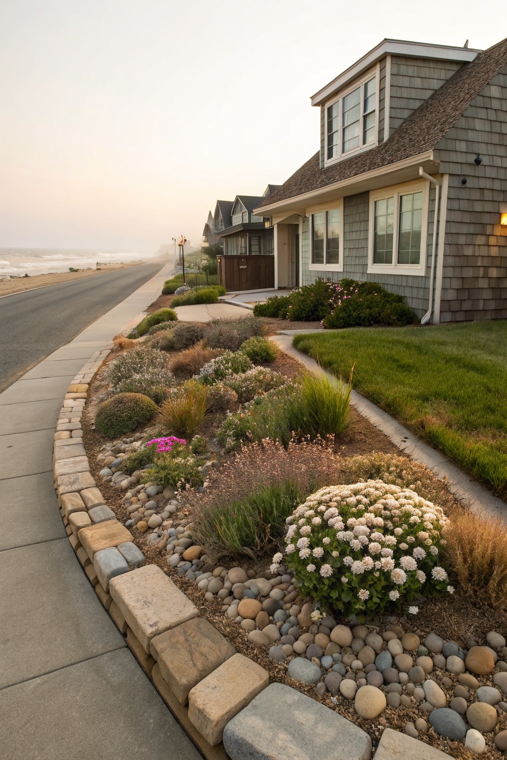 Curvy kidney-shaped flower bed edged with irregular stone blocks and mulched with mixed pebbles and rocks, planted with succulents, grasses, and shrubs along a sidewalk near shingled beach houses and ocean.