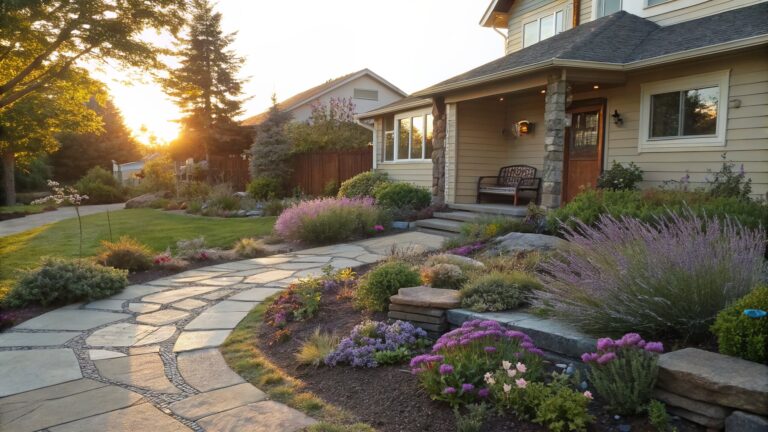 A curved flagstone path winds through kidney-shaped flower beds planted with lavender, succulents, and shrubs, leading to a house porch with a wooden bench and stone walls edged in gravel.