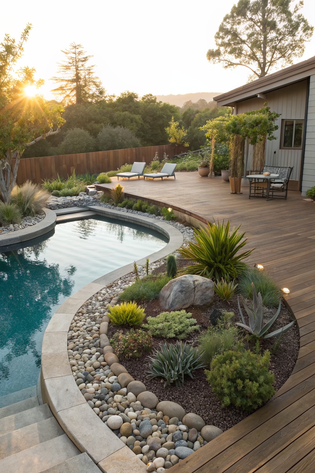 Curvy turquoise kidney-shaped swimming pool edged with pebble and boulder flower beds planted with succulents, grasses, and shrubs, adjacent to a wooden deck with lounge chairs and a house, set against trees at sunset.