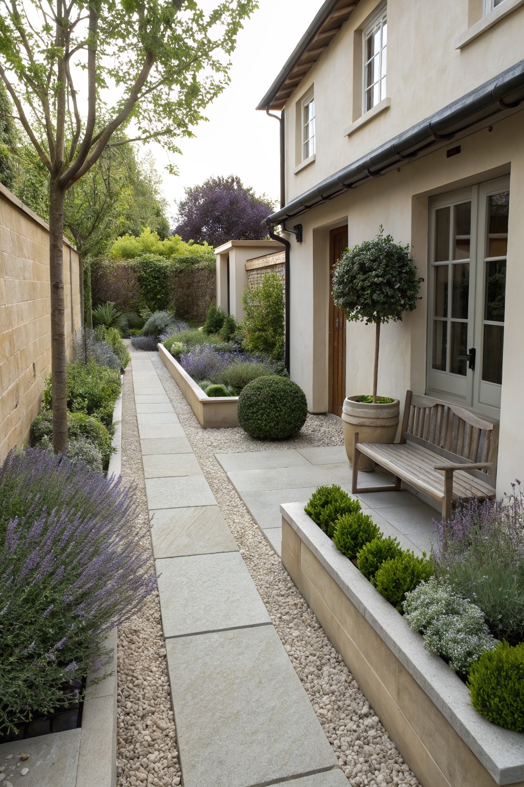 Stone pathway flanked by raised rectangular stone planters filled with lavender, boxwood topiaries, grasses, and gravel, next to a beige stucco house wall with a wooden bench and potted plants.