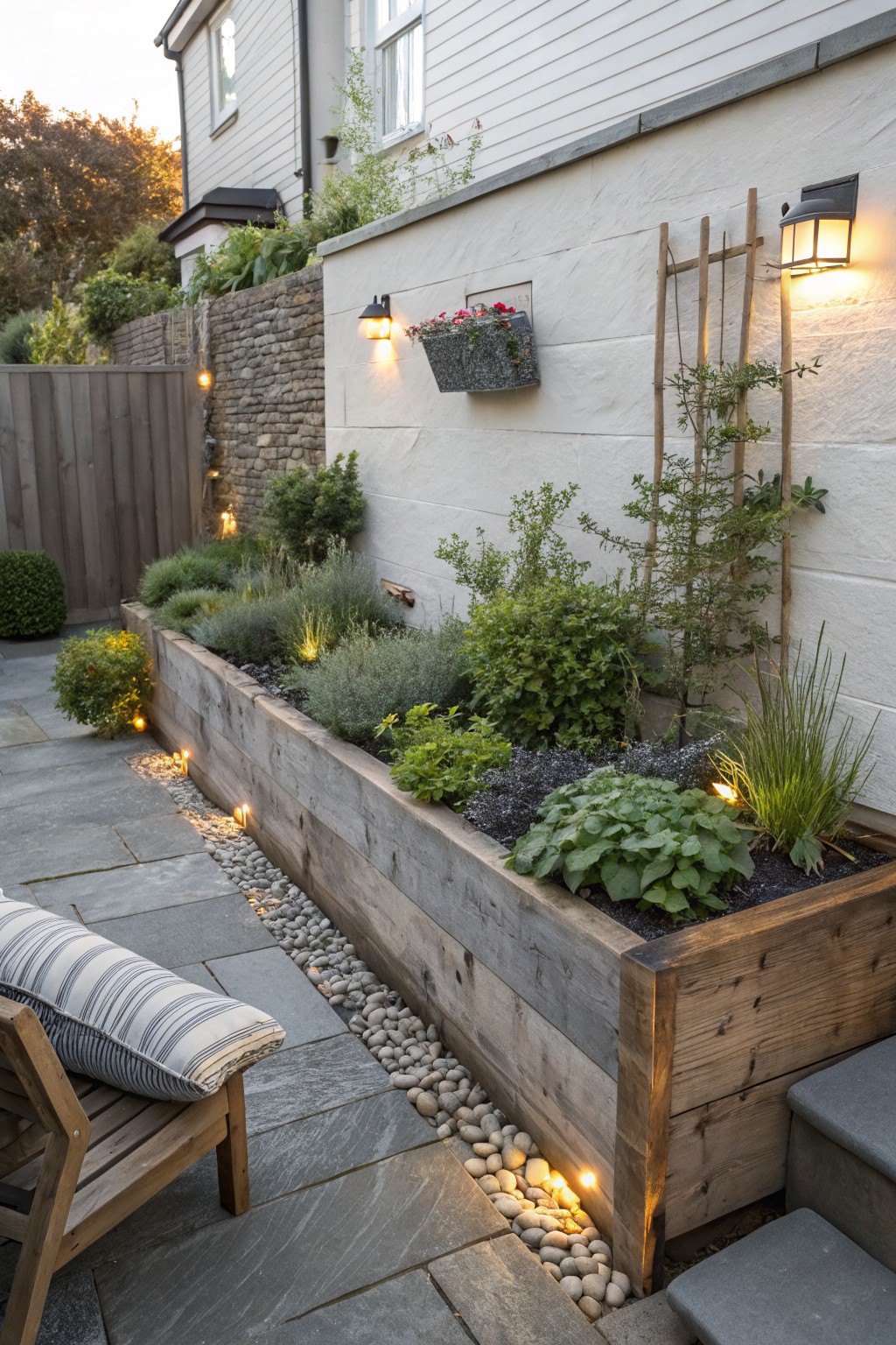 Long rectangular raised wooden planter bed filled with herbs, shrubs, and grasses against a white house wall, with under-bed lighting, pebble-edged slate path, wall lanterns, and a wooden lounge chair nearby.