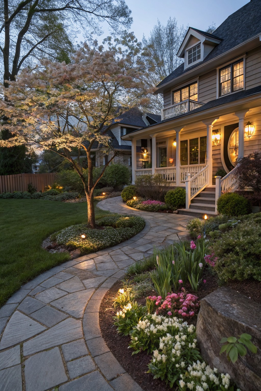 Curving gray stone pathway bordered by kidney-shaped flower beds with tulips, white flowers, and shrubs, leading to a beige house porch at dusk with landscape lighting.