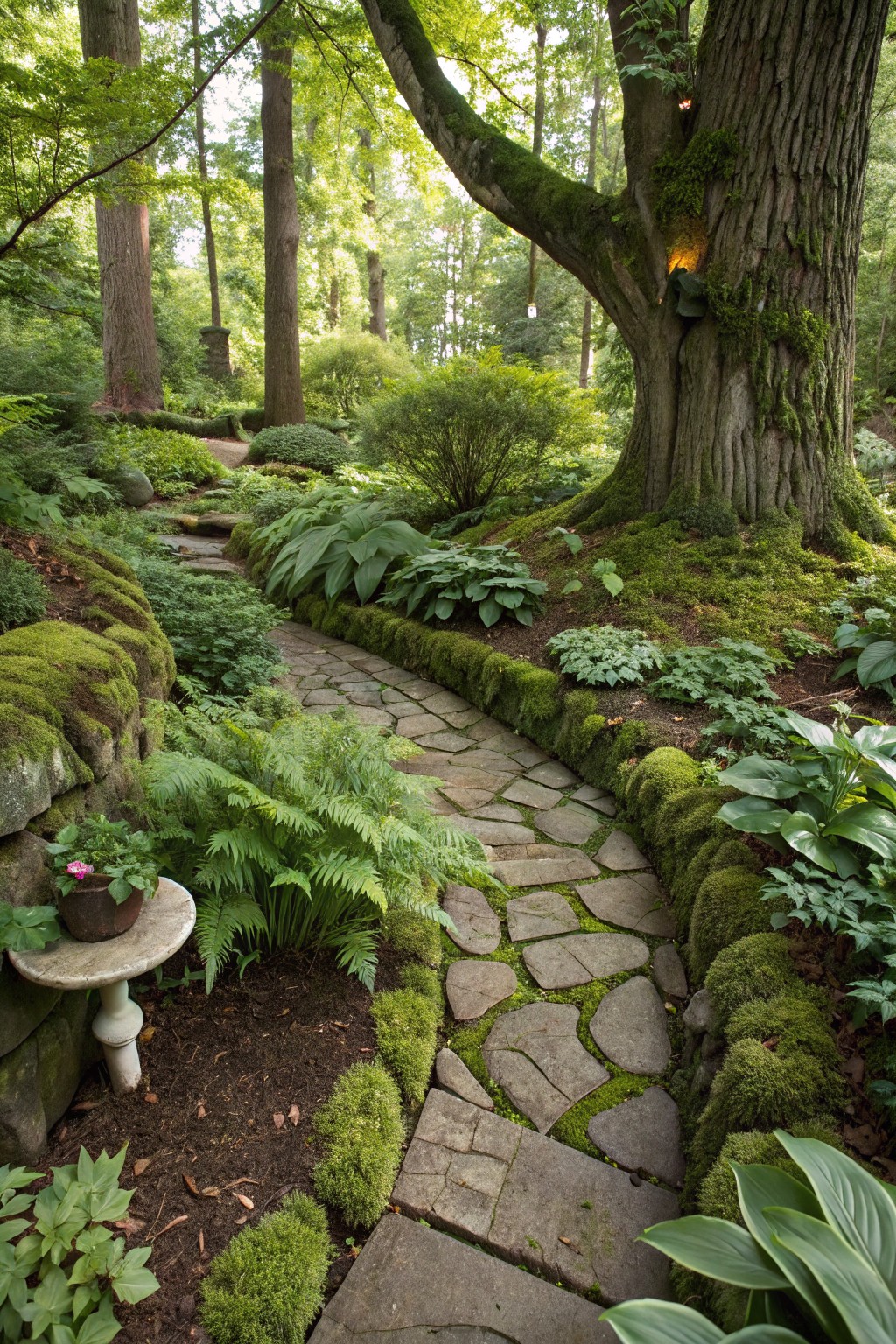 Winding flagstone path through lush green garden with moss-covered stone edging, ferns, hostas, and other plants bordering curved beds under tall trees.