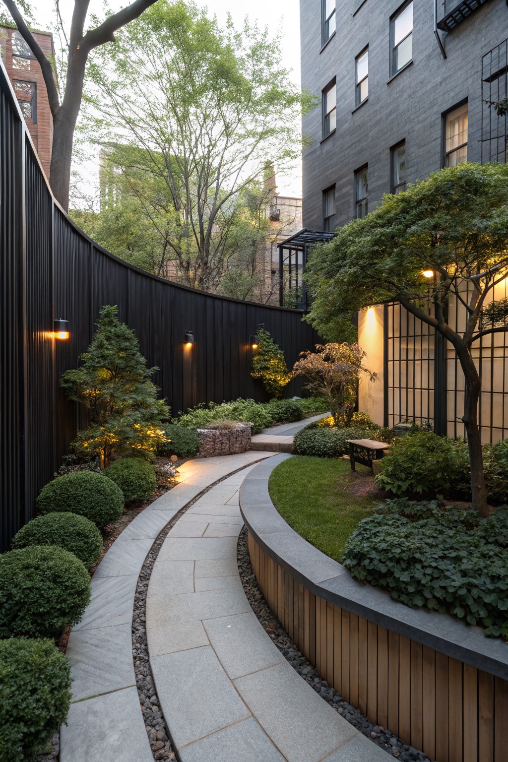 Curved gray stone pathway winding through a narrow garden with rounded boxwood shrubs, pine trees, grasses, and a wooden bench against tall black walls and a modern building with large windows.