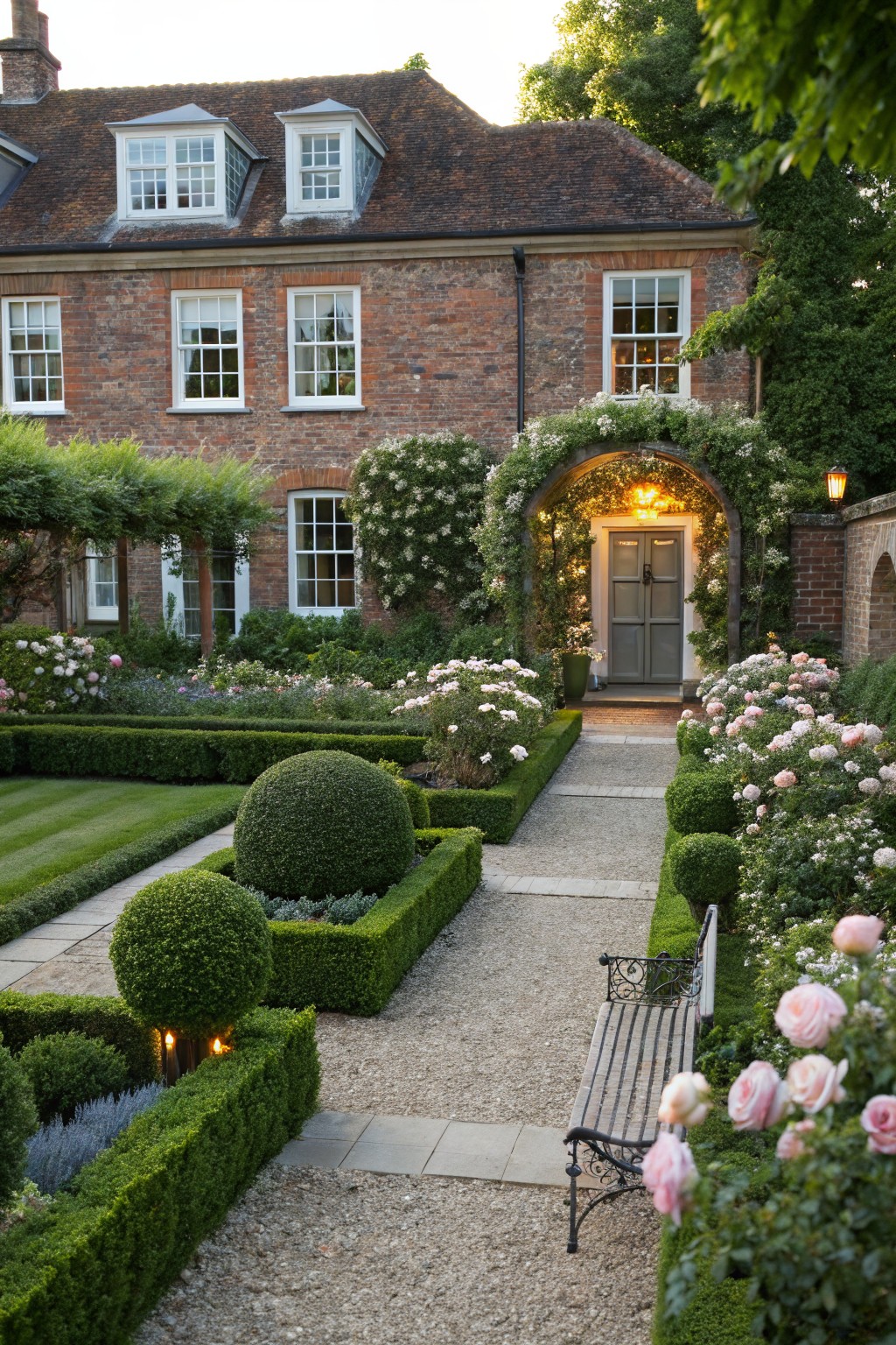 A formal front garden with symmetrical boxwood hedges, spherical topiaries, gravel pathways lined with pink rose bushes leading to a brick house entrance under a climbing rose-covered archway.