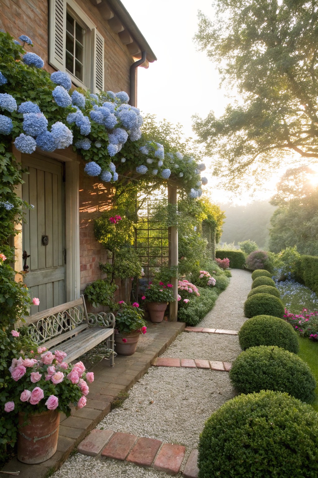 Brick house facade with blue hydrangea vines climbing over a green wooden door, pink roses in terracotta pots beside a wrought-iron bench, and a gravel path edged by spherical boxwoods leading through the garden.